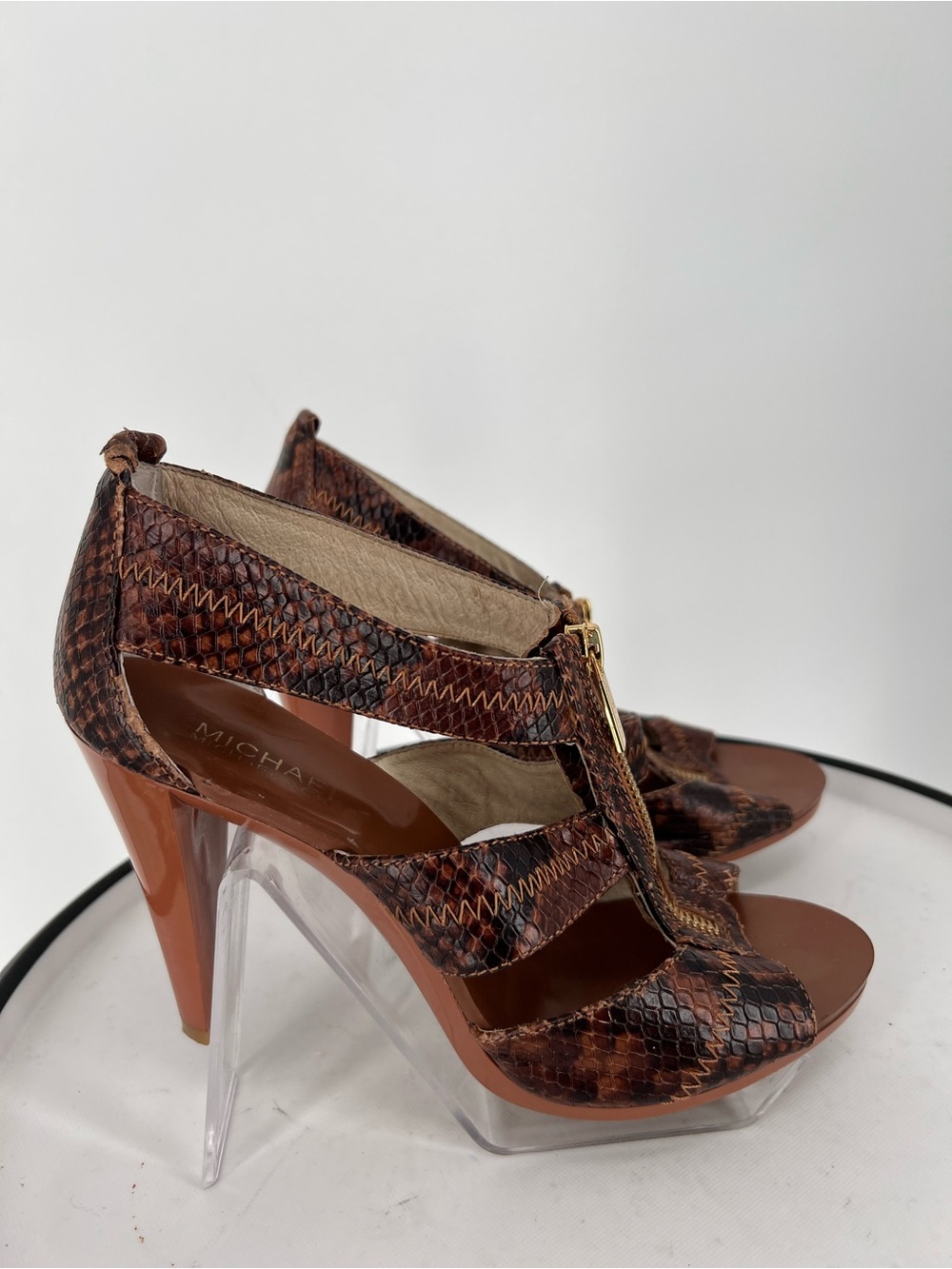 Michael Kors Brown Snake-Print T-Strap High Heels